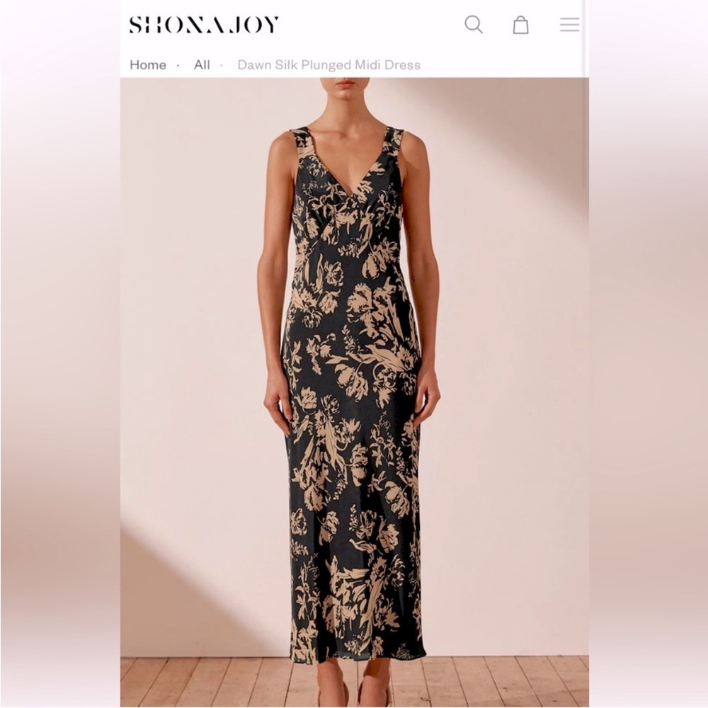 Shona Joy Black and Beige Floral Silk Plunged Midi Dress